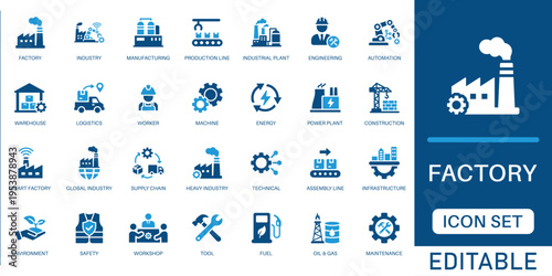 Factory and industrial icon set. featuring manufacturing, production line, automation, warehouse, and engineering elements in blue flat design style.