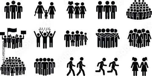 Silhouette people icons, social groups, family crowd, protest unity, friendship bond, community gathering, cultural interaction, human connection, flavector