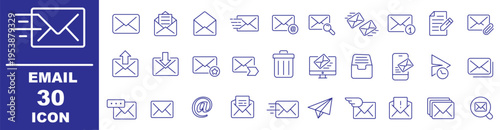 Email Web Icon Set in Line Style. Collection of E-mail and Letter Linear Icons, Including mail, envelope, email, postal, letter sent, inbox, new mail, reply and forward mail and more. Editable Stroke