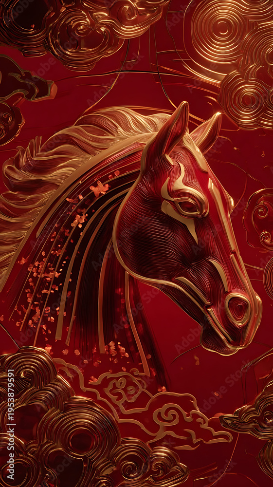 Naklejka premium Molten Red Glass Horse in Fluid Motion / 流体的な動きを持つ溶けた赤いガラスの馬