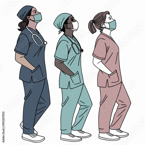 Three diverse medical professionals wearing scrubs and face masks standing in a row