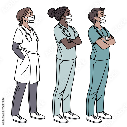 Three diverse medical professionals wearing face masks and scrubs standing in a row