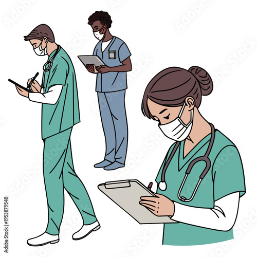 Medical professionals wearing masks and scrubs with stethoscopes and clipboards