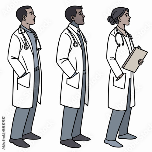Three diverse medical professionals standing in white lab coats with stethoscopes