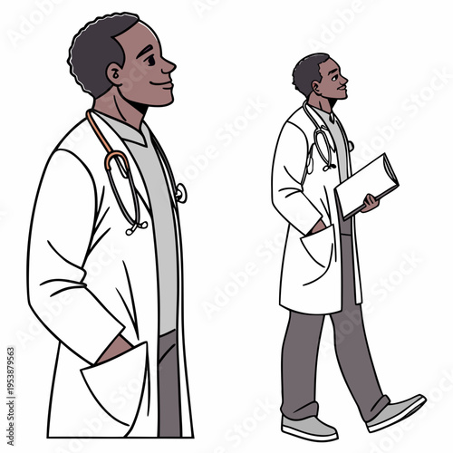 Two darkskinned male doctors in white coats with stethoscopes