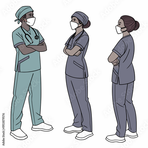 Three medical professionals wearing scrubs and face masks standing with arms crossed