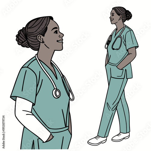 Two female medical professionals in teal scrubs and stethoscopes