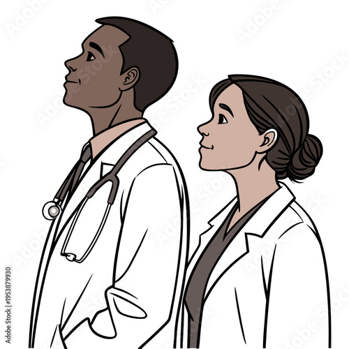 Two doctors standing side by side in white lab coats looking ahead with a stethoscope around the mans neck