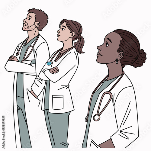 Three diverse medical professionals standing together in white lab coats and stethoscopes