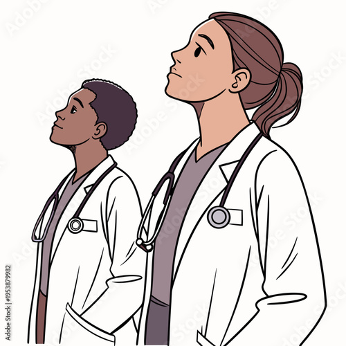 Two diverse doctors or medical professionals standing side by side in white lab coats with stethoscopes