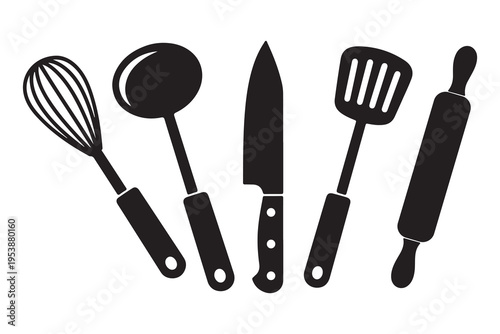 A simple set of kitchen utensils and tools including knives, fork, spoon, spatula, and ladle isolated on a white background