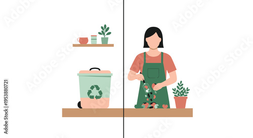 A recycling bin and shelves are on the left, while a woman composts organic waste on the right in a split illustration.