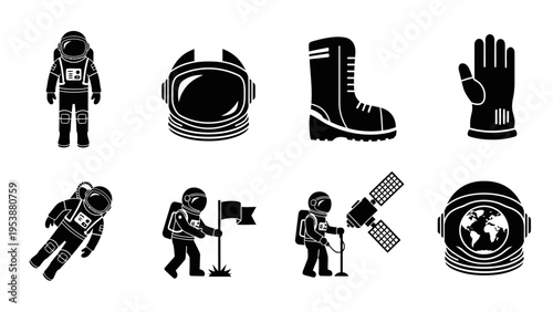 Astronaut Icons: Space Suit, Helmet, Boot, Glove, Satellite, Earth