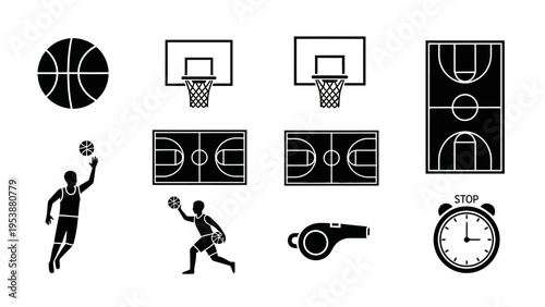 Basketball Icons: Court, Hoop, Player, Ball, Whistle, Stopwatch