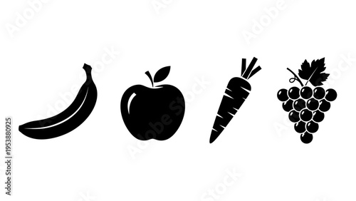 Black Icons of Banana, Apple, Carrot, and Grapes on White Background
