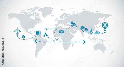 World Travel Route Map with Landmarks and Icons.