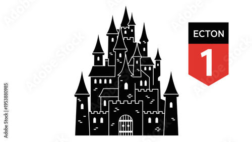 Black silhouette of a gothic castle with a red and black shield with the number 1