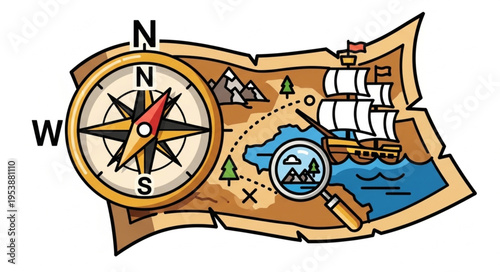 Treasure Map with Compass and Magnifying Glass Illustration.