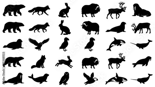 Collection of Thirty Arctic and Tundra Animal Silhouettes Including Polar Bears Seals and Puffins