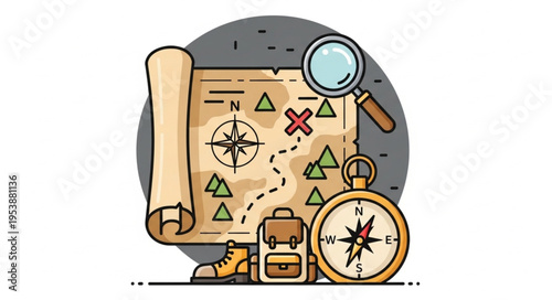 Adventure Awaits - Illustrated Map with Compass and Magnifying Glass.