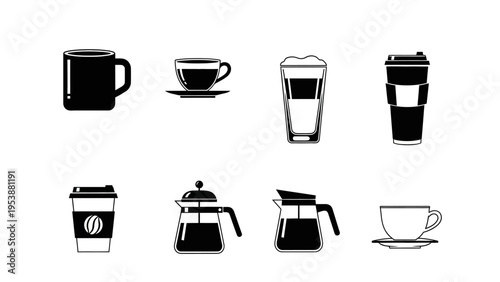 Coffee Drink Icons: Mug, Cup, Latte, Takeaway Cup, French Press, Carafe