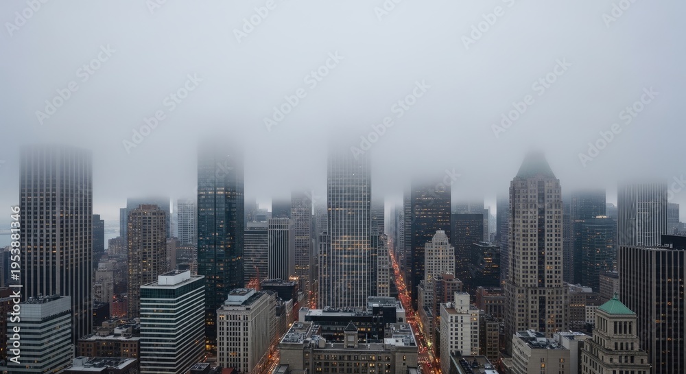 Fototapeta premium A wide-angle photograph captures a dense cityscape shrouded in thick fog.