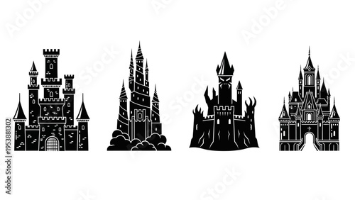 Collection of Black Castle Silhouettes on White Background