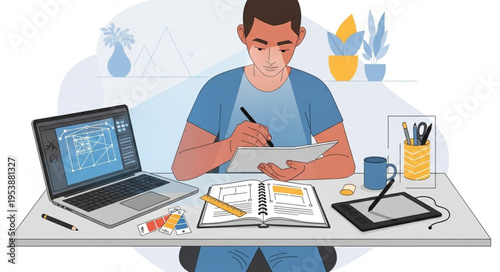 Focused Designer at Desk - Laptop, Tablet, and Creative Workspace.