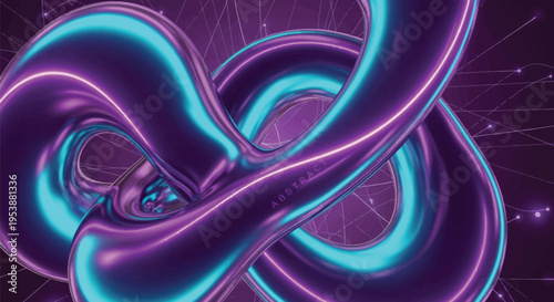 Shiny metallic knot sculpture with vibrant cyan and violet glowing reflections on dark field