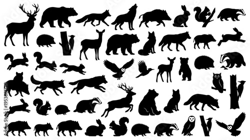Large set of woodland forest animal silhouettes featuring deer bear wolf fox and owl icons