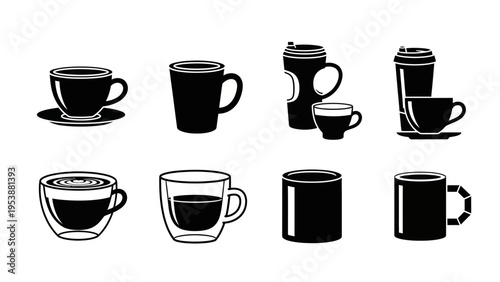 Collection of Coffee Cups and Mugs Icons, Black and White Vector Set