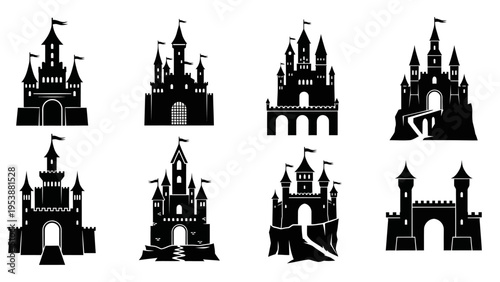 Collection of Fantasy Castle Silhouettes, Medieval Fortress Icons