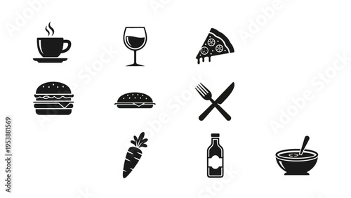 Collection of Food and Drink Icons: Coffee, Wine, Pizza, Burger, Utensils, Carrot, Bottle, Soup