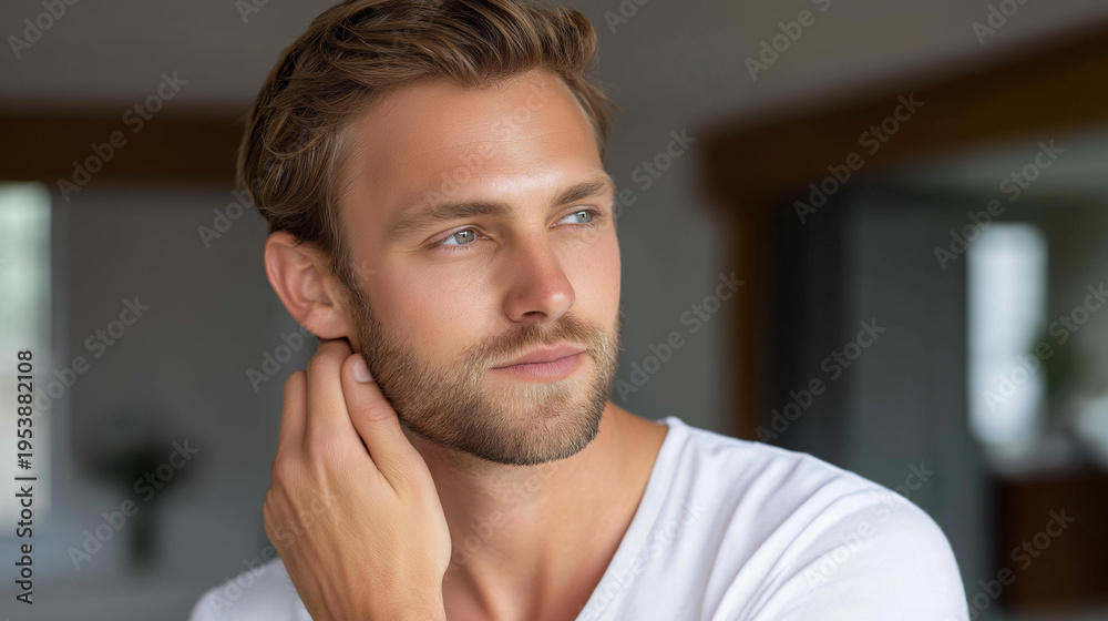 Obraz premium Man admiring his reflection while engaging in a self-care routine at home, grooming lifestyle, wellness at home concept, defocused background, with copy space