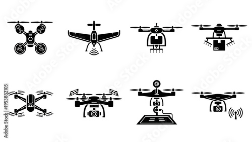 Drone Icons Set: Quadcopter, Aerial Vehicle, Delivery, Agriculture, Camera Drones