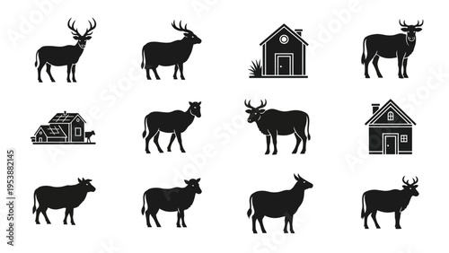 Farm Animals and Houses Silhouette Icons Set