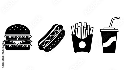 Fast Food Icons: Burger, Hot Dog, Fries, and Drink - Black and White Vector