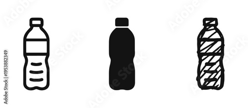 Plastic Water Bottle Icon Set in Outline, Solid, and Hand-Drawn Styles; Hydration and Beverage Container Icons