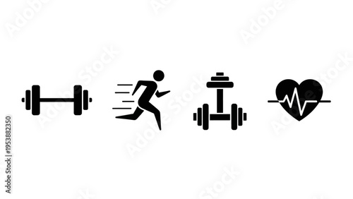 Fitness Icons: Dumbbells, Runner, and Heartbeat Symbol