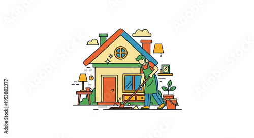 House cleaning scene cartoon style