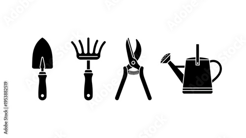 Gardening Tools Icons: Trowel, Rake, Pruners, Watering Can - Black and White