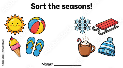 Colorful educational activity sheet for sorting the seasons  
