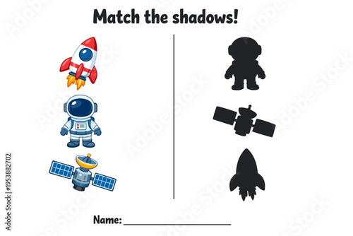 Colorful educational game for children matching shadows of space objects  