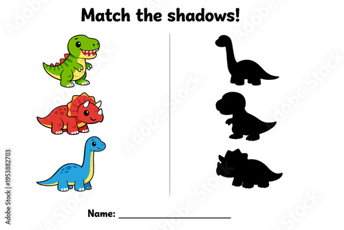 Colorful dinosaur matching game for children with shadows illustration  