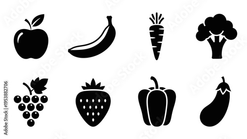 Healthy Fruits and Vegetables Icons Set: Apple, Banana, Carrot, Broccoli, Grapes, Strawberry, Pepper, Eggplant