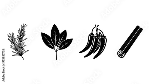 Herbs and Spices Icons: Rosemary, Bay Leaves, Chili Peppers, Cinnamon Stick