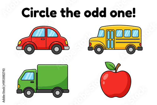 Colorful vehicles and an apple with "Circle the odd one!" text  