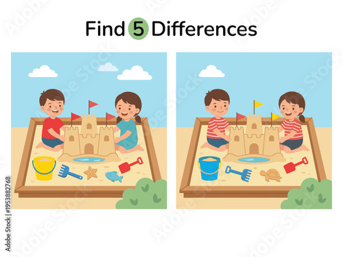 Two children playing together with sandcastles in a playground setting  