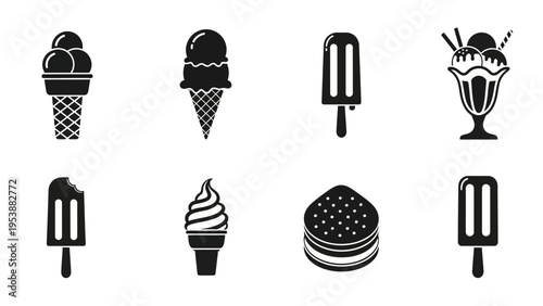 Ice Cream Icons Set: Cones, Popsicles, Sundae, Sandwich - Black and White