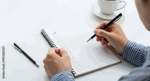 Person checking list in notebook at white desk with coffee